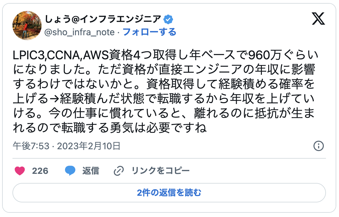 LPIC3,CCNA,AWS資格4つ取得し年ベースで960万ぐらいになりました。ただ資格が直接エンジニアの年収に影響するわけではないかと。資格取得して経験積める確率を上げる→経験積んだ状態で転職するから年収を上げていける。今の仕事に慣れていると、離れるのに抵抗が生まれるので転職する勇気は必要ですね