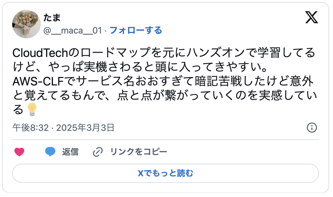 CloudTechのロードマップを元にハンズオンで学習してるけど、やっぱ実機さわると頭に入ってきやすい。
AWS-CLFでサービス名おおすぎて暗記苦戦したけど意外と覚えてるもんで、点と点が繋がっていくのを実感している